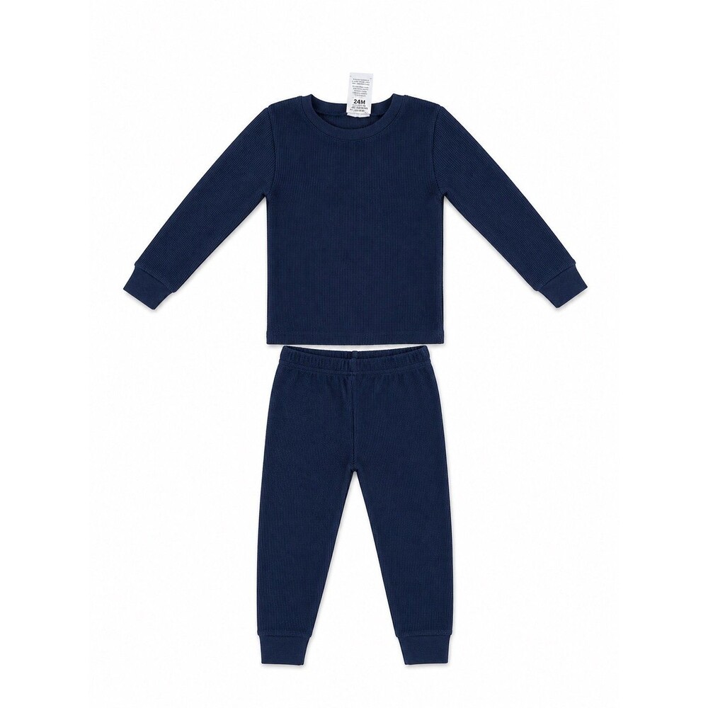 Mon Petit Navy Blue Waffle Knit Thermal Pajama Set – Size 24 Months